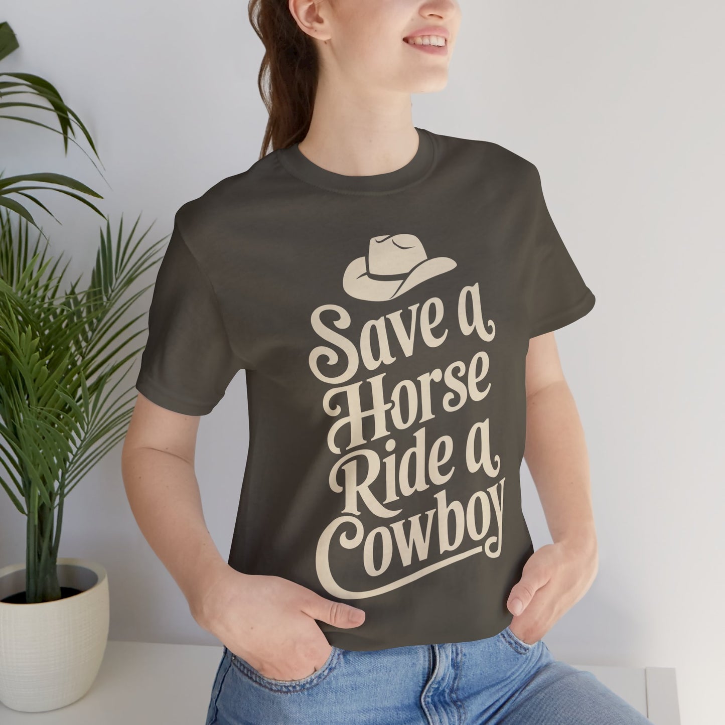 Save a Horse, Ride a Cowboy Unisex Jersey Tee | Western Apparel, Country Music Lover Gift, Casual T-Shirt, Rodeo Fashion, Birthday Gift