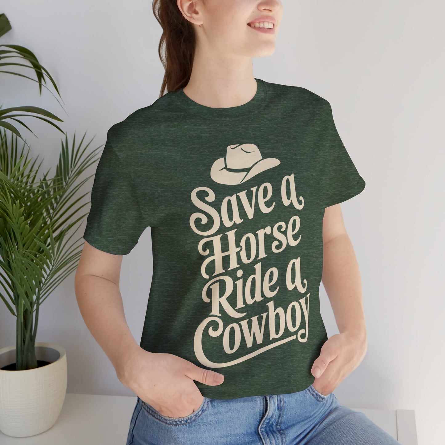 Save a Horse, Ride a Cowboy Unisex Jersey Tee | Western Apparel, Country Music Lover Gift, Casual T-Shirt, Rodeo Fashion, Birthday Gift