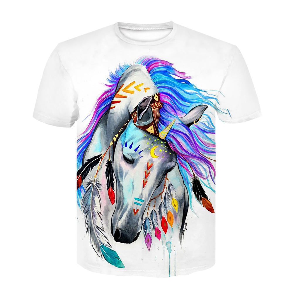 3d Digital Printing Youth Trend Horse Animal Round Neck Pullover T-shirt Short Sleeve