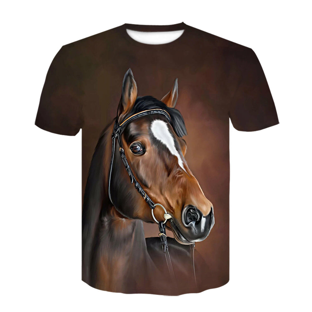 3d Digital Printing Youth Trend Horse Animal Round Neck Pullover T-shirt Short Sleeve