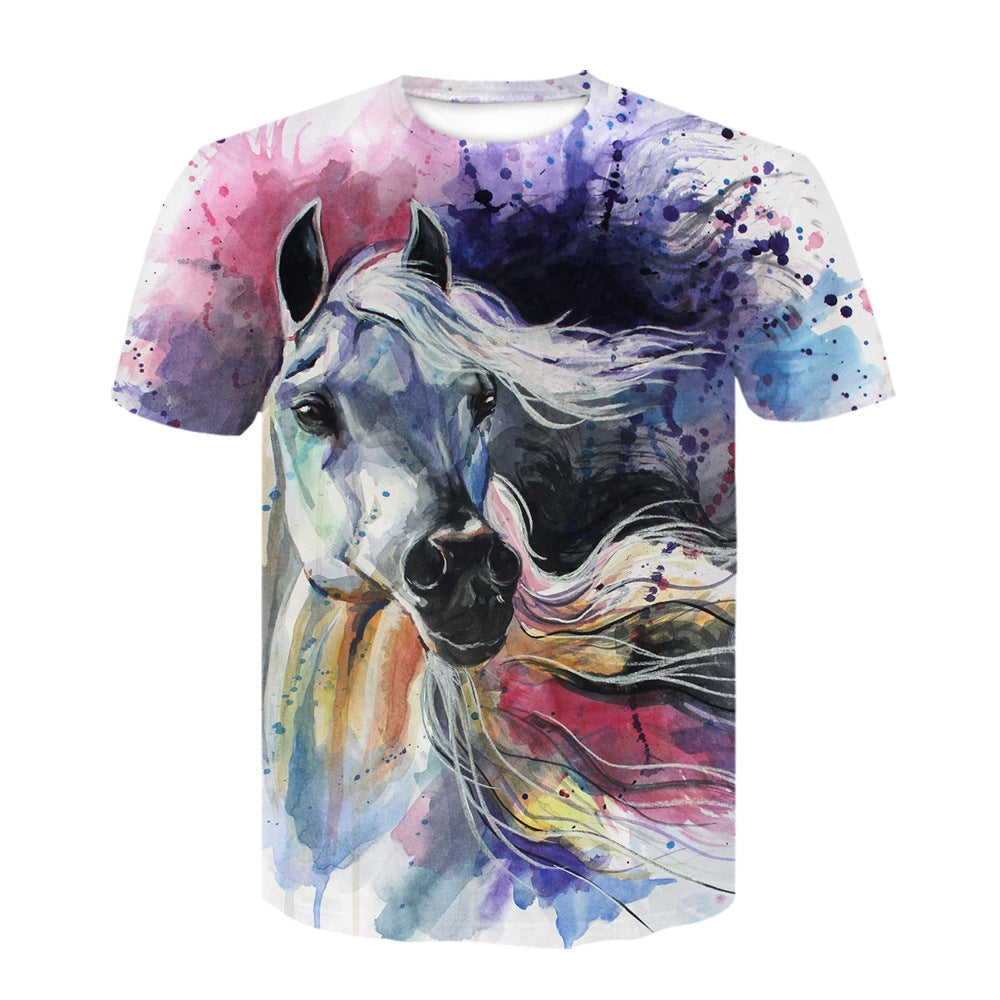 3d Digital Printing Youth Trend Horse Animal Round Neck Pullover T-shirt Short Sleeve