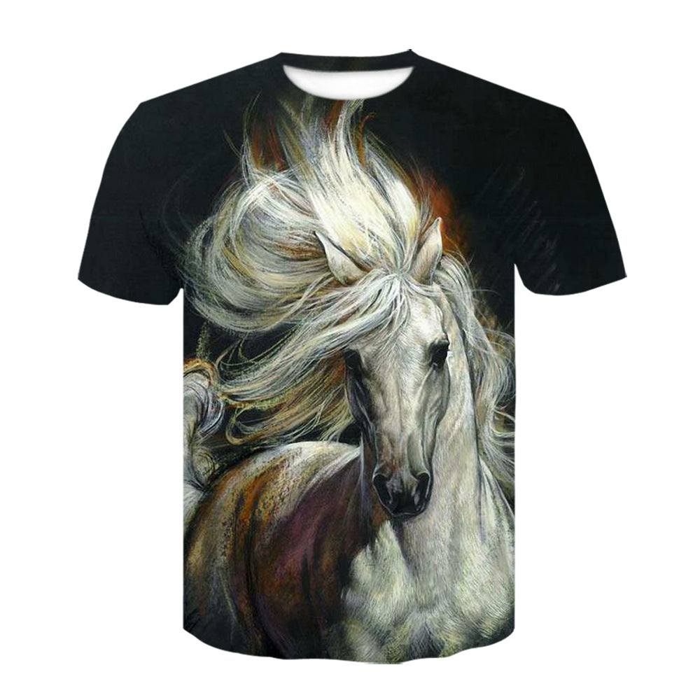 3d Digital Printing Youth Trend Horse Animal Round Neck Pullover T-shirt Short Sleeve