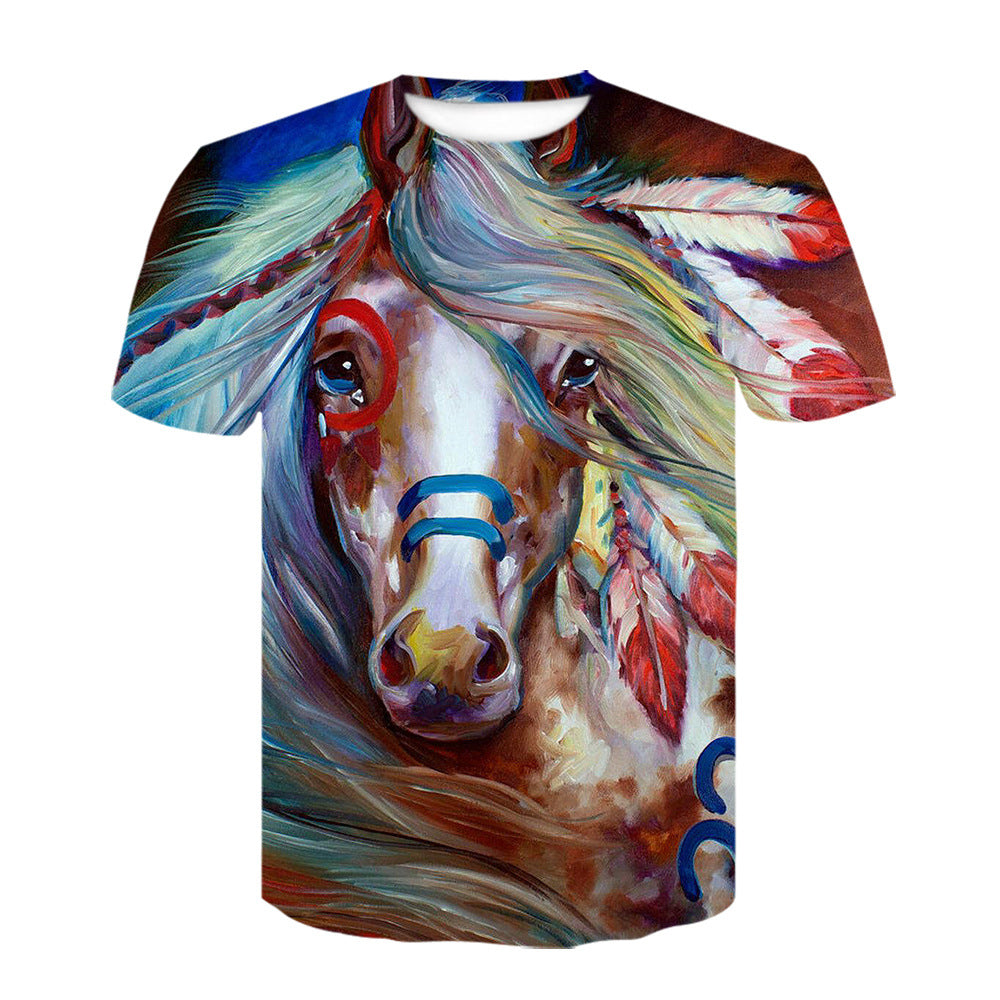 3d Digital Printing Youth Trend Horse Animal Round Neck Pullover T-shirt Short Sleeve