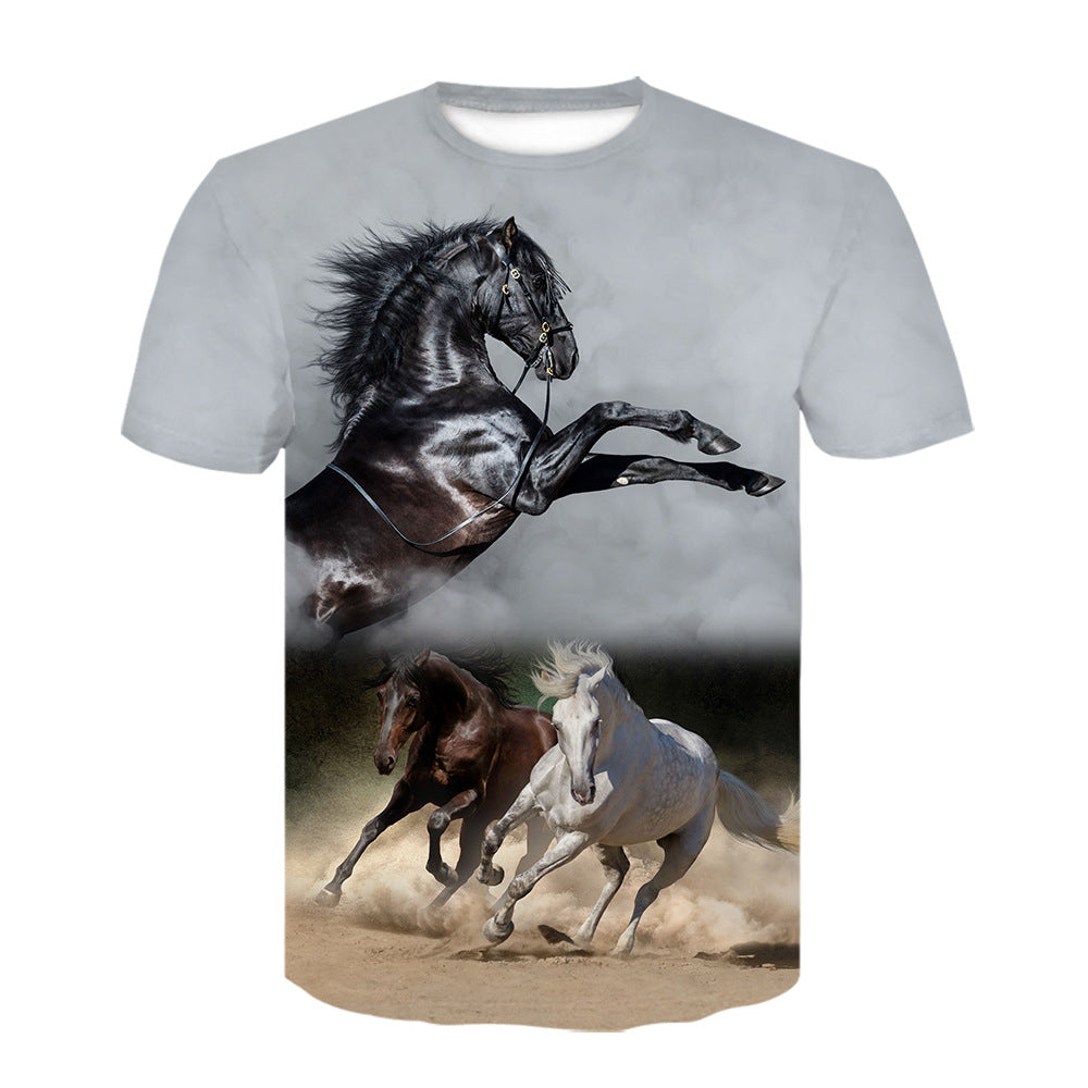 3d Digital Printing Youth Trend Horse Animal Round Neck Pullover T-shirt Short Sleeve