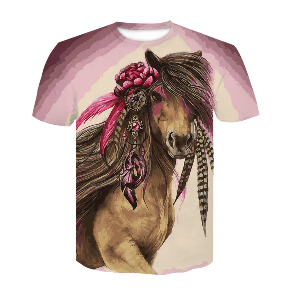 3d Digital Printing Youth Trend Horse Animal Round Neck Pullover T-shirt Short Sleeve