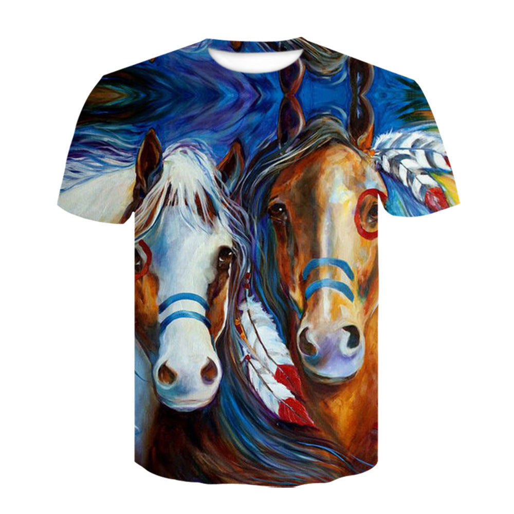 3d Digital Printing Youth Trend Horse Animal Round Neck Pullover T-shirt Short Sleeve