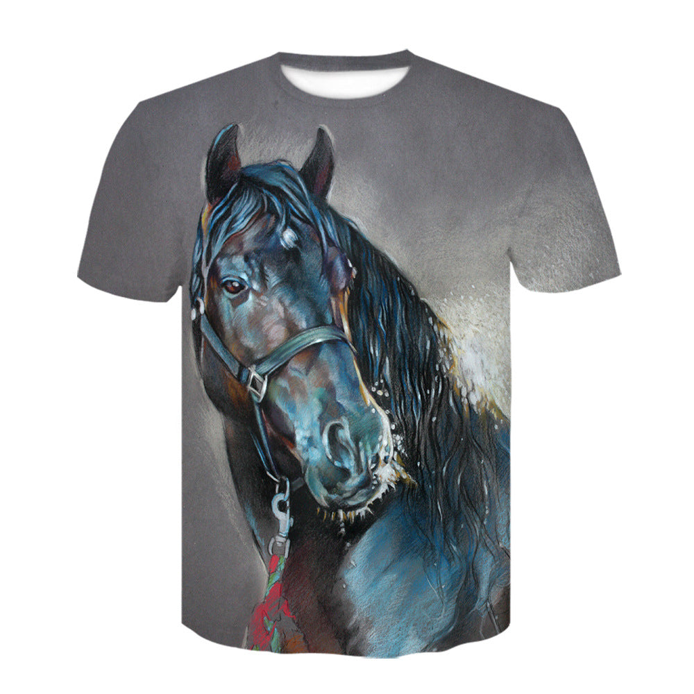 3d Digital Printing Youth Trend Horse Animal Round Neck Pullover T-shirt Short Sleeve