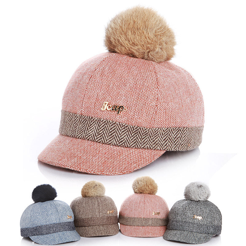 Autumn And Winter Children's  Fashion Rabbit Hair Ball Baseball Hat Equestrian Hat